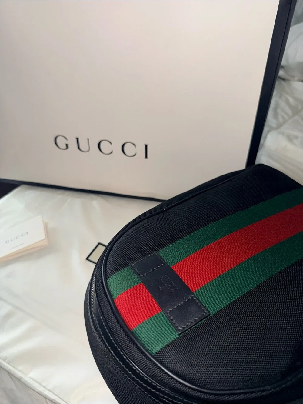 Gucci Black Nylon Backpack with Green and Red Stripe